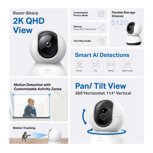 TP-Link Tapo C220 AI kamera 2K QHD, H.264, 360°/114° Pan/Tilt, Advanced Night Vision, microSD, dvosmjerni audio, AI detekcija pokreta, Wi-Fi, Tapo app