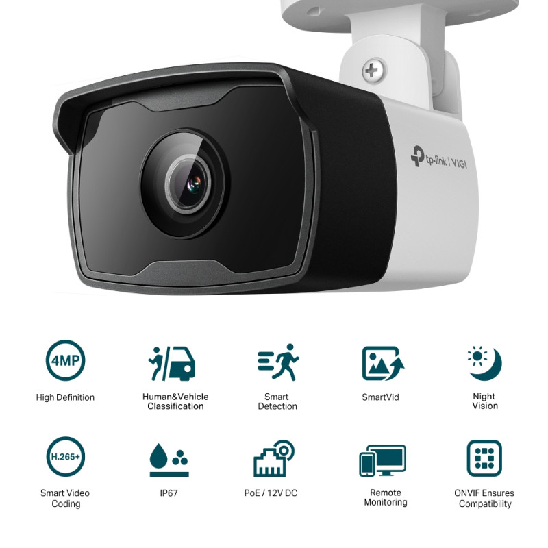 TP-Link VIGI C340I kamera 4MP, H.265+, 2.8 mm leća, RJ45, PoE/12V DC, Night Vision, microSD, dvosmjerni audio, detekcija pokreta, vodootporna IP67, VIGI app